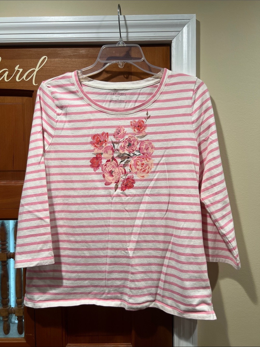 Talbots Pink and White Striped Petite Crewneck Top